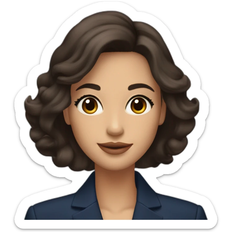 Beautiful woman with long dark brown hair, big almond shape brown eyes wirh long eyelashes, pretty smile with medium full lips, defined jawline, medium size nose, wearing a navy power suit  sticker