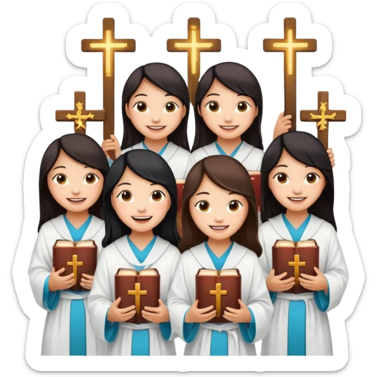 eight asian girls holding bibles and crosses and laughing to each other sticker