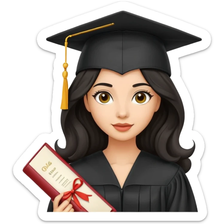beautiful olive-skinned woman with wavy black hair wearing graduation cap and gown, holding diploma sticker