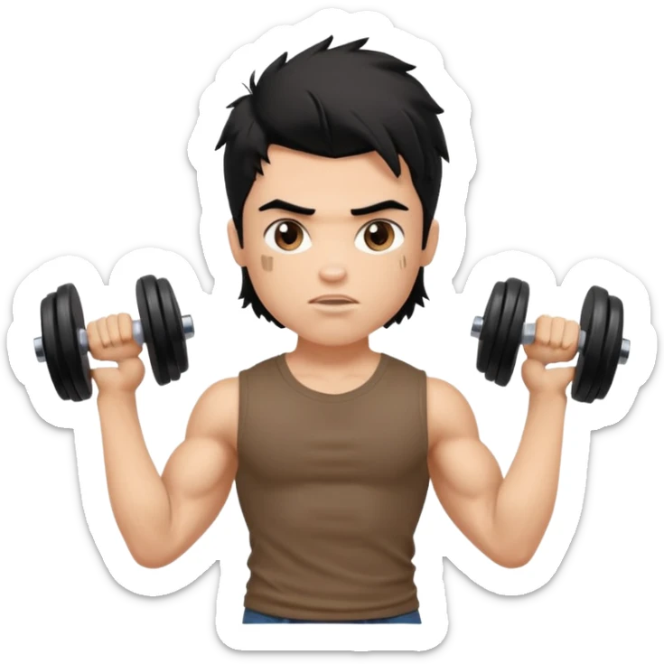 generate a pretty fair bratz boy with a messy mullet (black hair), wearing a brown tshirt. he has big biceps and is ripped. He is holding dumbbells sticker