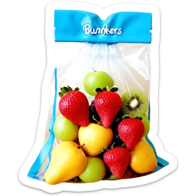 Ein weicher, bunter Standbeutel für Kinder, gefüllt mit püriertem Obstmus. Oben hat er einen kleinen wiederverschließbaren Schraubverschluss, aus dem Kinder direkt trinken oder saugen. Verpackung wie Babynahrung-Beutel aus dem Supermarkt, mit fröhlichem Obst-Design (Apfel, Banane, Erdbeere). sticker