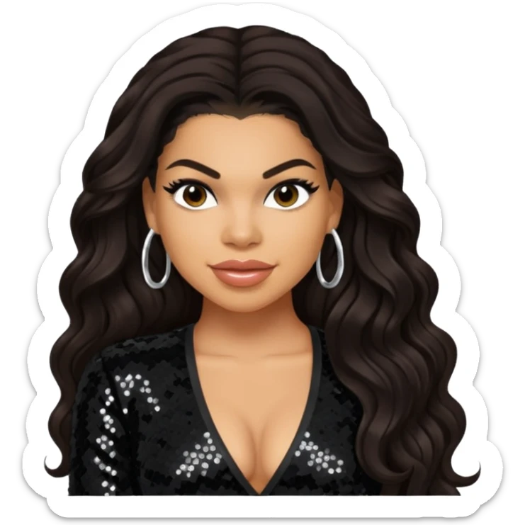 Jordin Sparks with long dark brown hair, black sequin outfit sticker