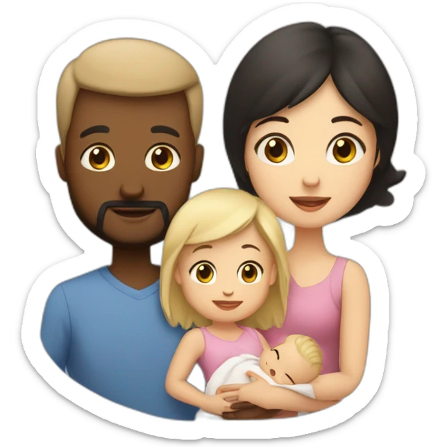 family; black haired dad, light brown haired mom, blonde haired 2 year old girl,  black haired pale newborn babybaby sticker