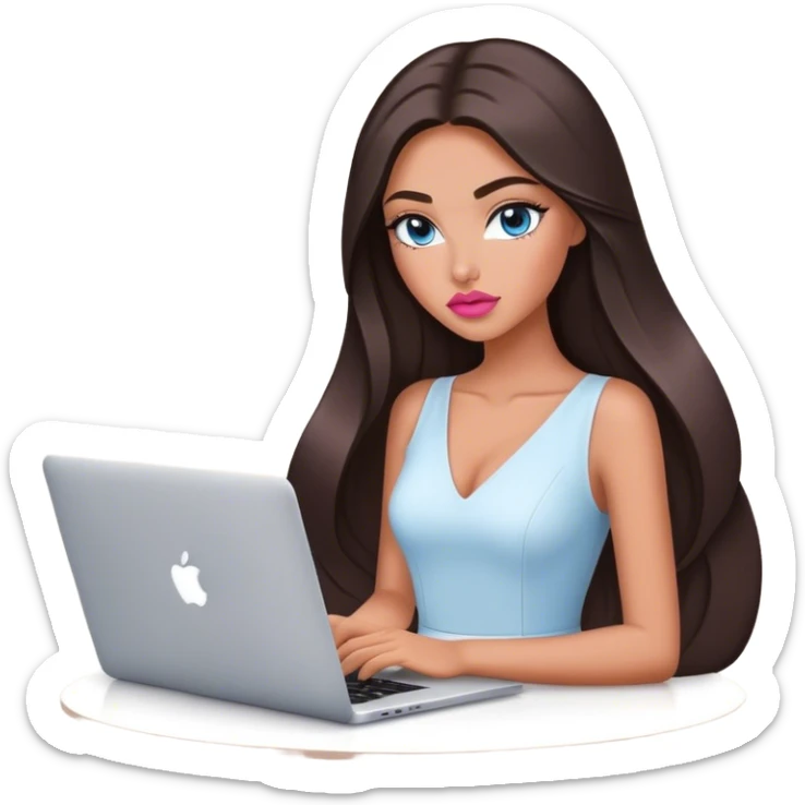 Glamours tanned very beautiful girl with pump natural rose peach lips and dark chocolate straight smooth long hair, blue-grey eyes with MacBook sticker