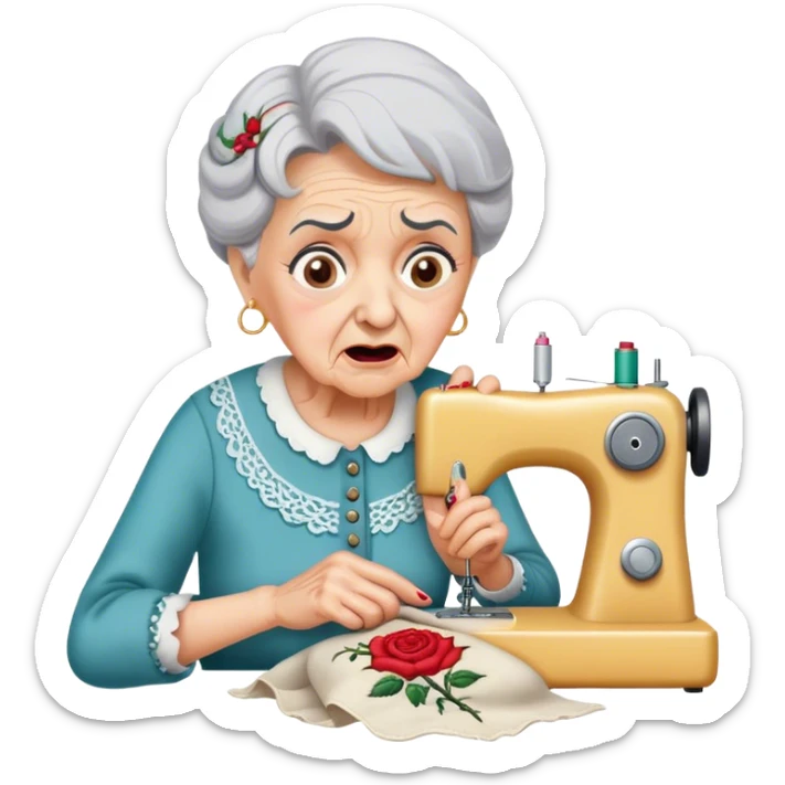 "Grandmother pricks finger sewing rose embroidery, shocked, pain, surprised, distressed. sticker