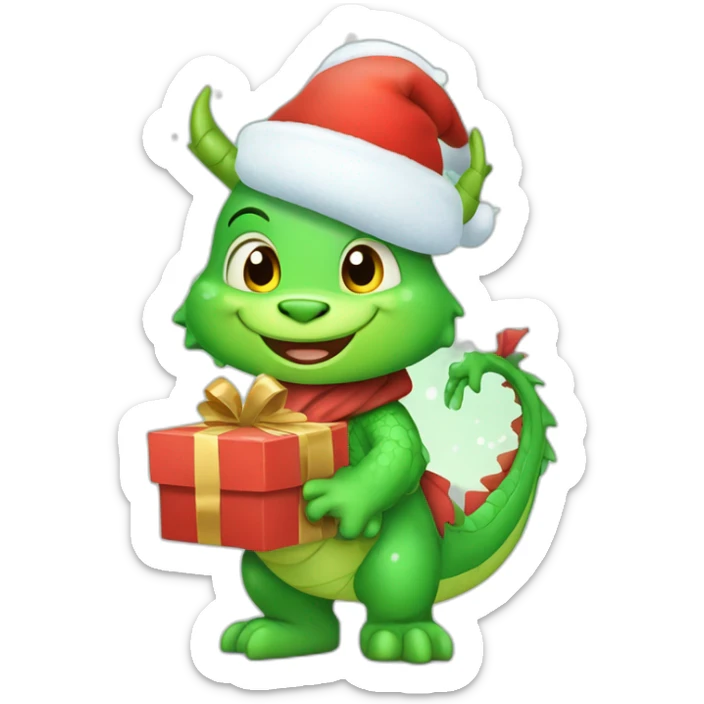 happy little green cartoon dragon of child, in winter, in work pants, in work clothes, in winter boots, in a Santa Claus hat, New Year sticker