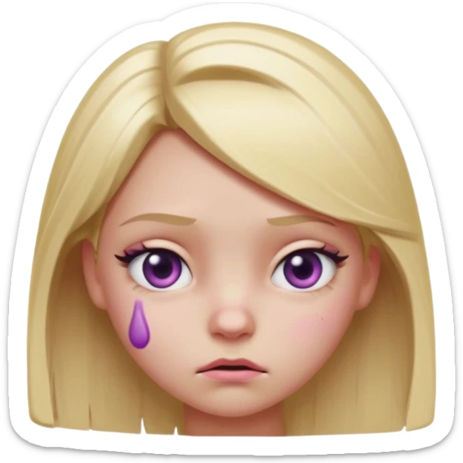 Blonde girl emoji, head and slight shoulders visible, one eye bruised pink and slightly swollen (cartoon black eye), soft pink-purple bruise shading around eyelid, cute but annoyed expression, glossy smooth 3D emoji render, centered composition, clean lighting, white or transparent background. sticker