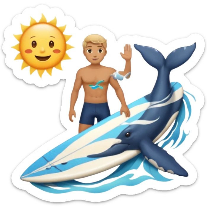 marine style emoji with waves, whale, male shirtless surfer, summer atmosphere with sun and warm  sticker