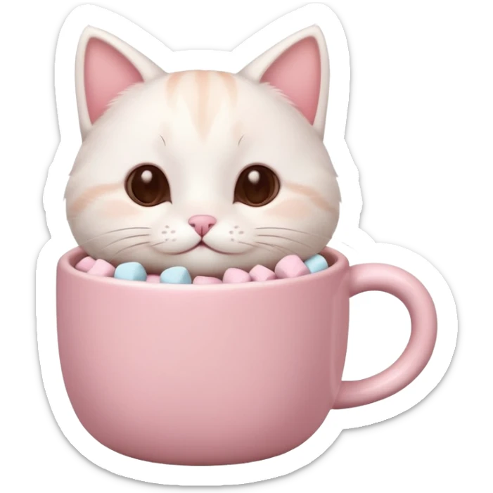 cute white cat relaxing in a pastel pink mug of cocoa with marshmallows, soft lighting, rounded shapes sticker