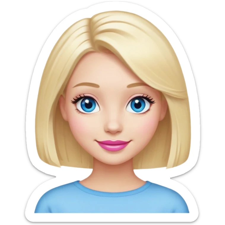 Blonde hair, blue eyes, light skin, long bob hairstyle, pretty smile, pink lips, lashes  sticker