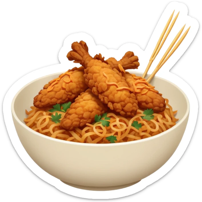 iOS-style minimal food emoji of a rice bowl with crispy fried chicken tenders, fried onions, sweet-and-sour sauce, and parsley garnish, smooth shapes, vibrant natural colors, clean vector-like rendering, transparent background. sticker