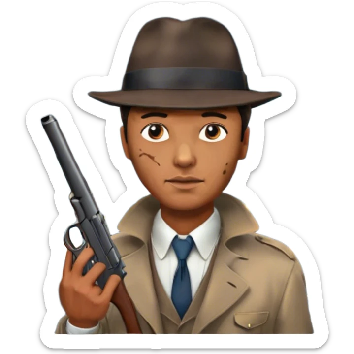 Icon for Detective Movie: A vintage movie poster-style design featuring a close-up of a detective with a gun on a dark London street under the full moon. The scene includes faint traces of blood on the asphalt, hinting at a murder. Retro cinematic typography. Transparent background. sticker