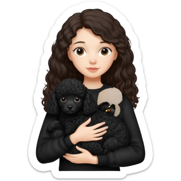 One Brunette girl with long hair in a black sweater holds a single black Poodle puppy in her arms sticker