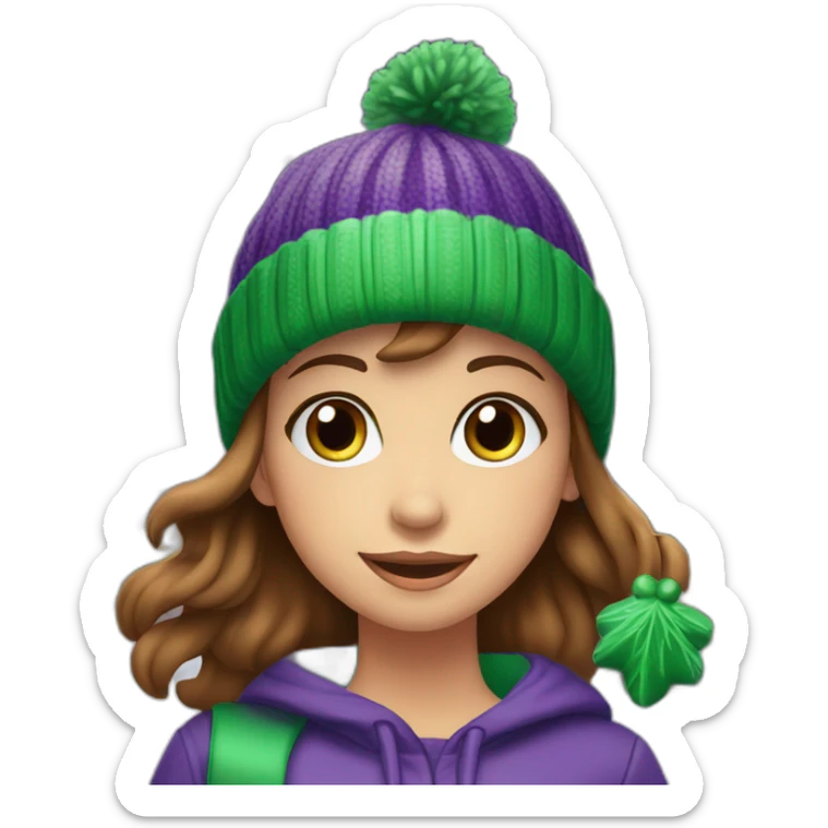 Girl with brown hair and green eyes in front of beautiful Christmas tree in new york city celebrating christmas and wearing a purple beanie sticker