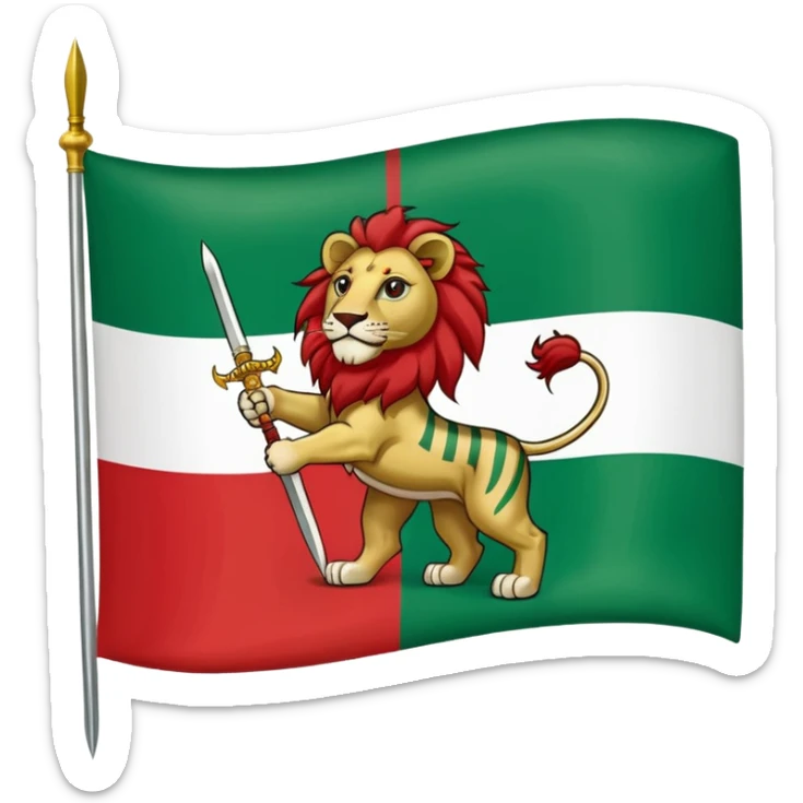 The flag of Iran is green at the top, white in the middle, and red at the bottom, with the symbol of the lion and the sun in the middle. The lion is looking at the robot and has a sword in his right hand, and the sun is behind the lion. sticker