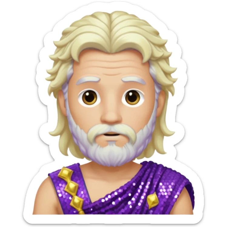 Zeus from Greek Gods with long platinum blonde wavy hair and short beard, purple sequin toga sticker