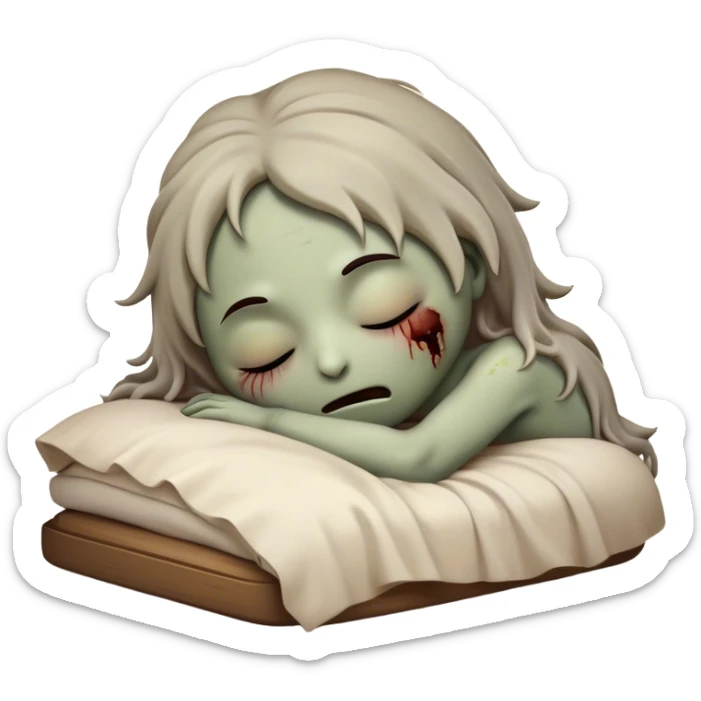 Meme-Worthy Cute Sleeping Zombie Portrait Emoji, with a delightfully quirky, slightly disheveled decaying face in soft ashen hues, head tilted back in peaceful, relaxed sleep with softly closed eyes and a tiny, endearing smile, simplified yet irresistibly charming, highly detailed with a soft eerie glowing outline that captures the gentle, unexpected cuteness of a zombie in serene repose! sticker