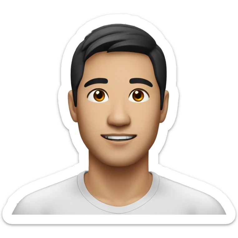A head and shoulders shot of a 32 year old Asian man, with short black hair,   with brown eyes wearing a t-shirt. sticker
