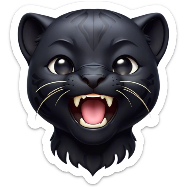 Cinematic Cute Yawning black Panther Portrait Emoji, Head tilted slightly with a dramatic, wide-open yawn, showcasing a sleek, shadowy form with drowsy, half-closed eyes and a relaxed, open expression, Simplified yet irresistibly adorable features, highly detailed, glowing with a soft, cozy dark glow, high shine, relaxed yet expressive, stylized with a dash of whimsical elegance, soft glowing outline, capturing the essence of a drowsy yet affectionate jungle guardian that appears ready to stretch out for a nap! sticker