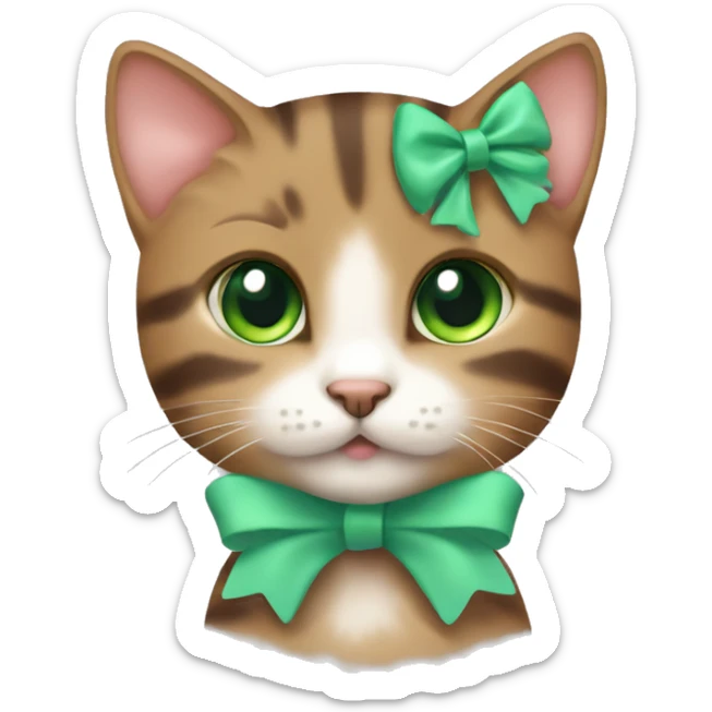kawaii brown tabby kitten with green eyes and pastel green bow on top of head sticker