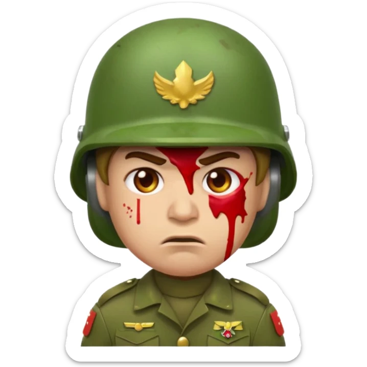 scowling soldier emoji with red skin tone, blood splatter on left cheek, wearing green helmet and military uniform, facing slightly right, 2d apple emoji style sticker
