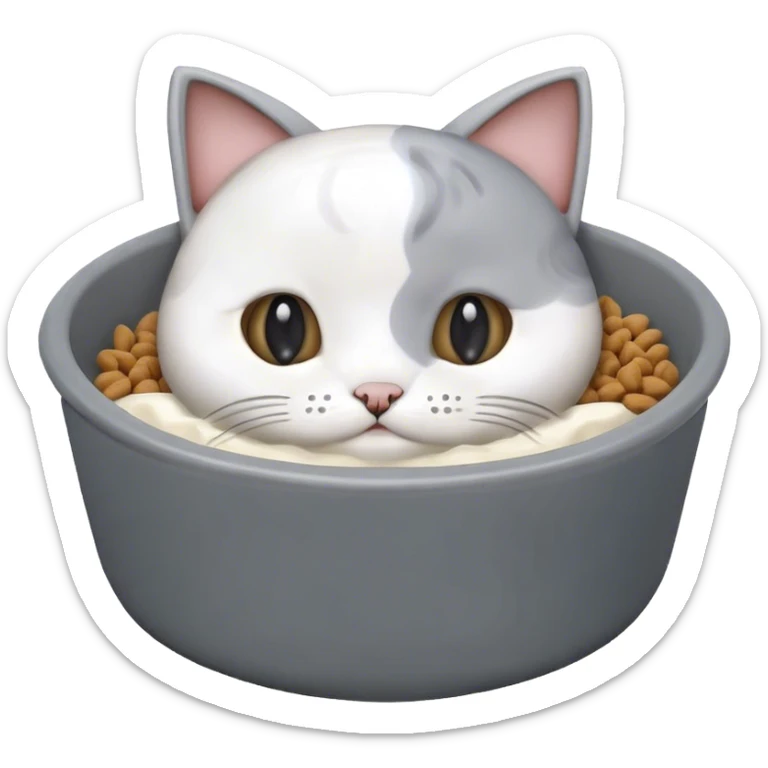 cute cat food bowl, the food is piled on top of the bowl where it is so full. The colour of the bowl is grey and the food in the bowl is white. sticker