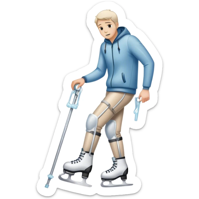 una hombre con el pie lesionado en  muletas con unos patines de hielo y cara de lesión 
 sticker