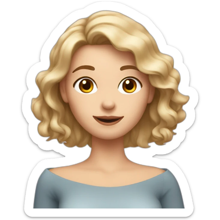 "Generate an avatar of a white woman with shoulder-length wavy hair, wearing an off-shoulder top, and making this gesture 🫶🏻." sticker