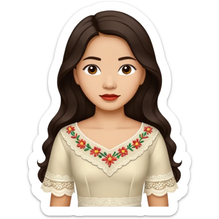 Filipino woman with long dark wavy hair parted in the middle wearing a traditional filipiniana sticker
