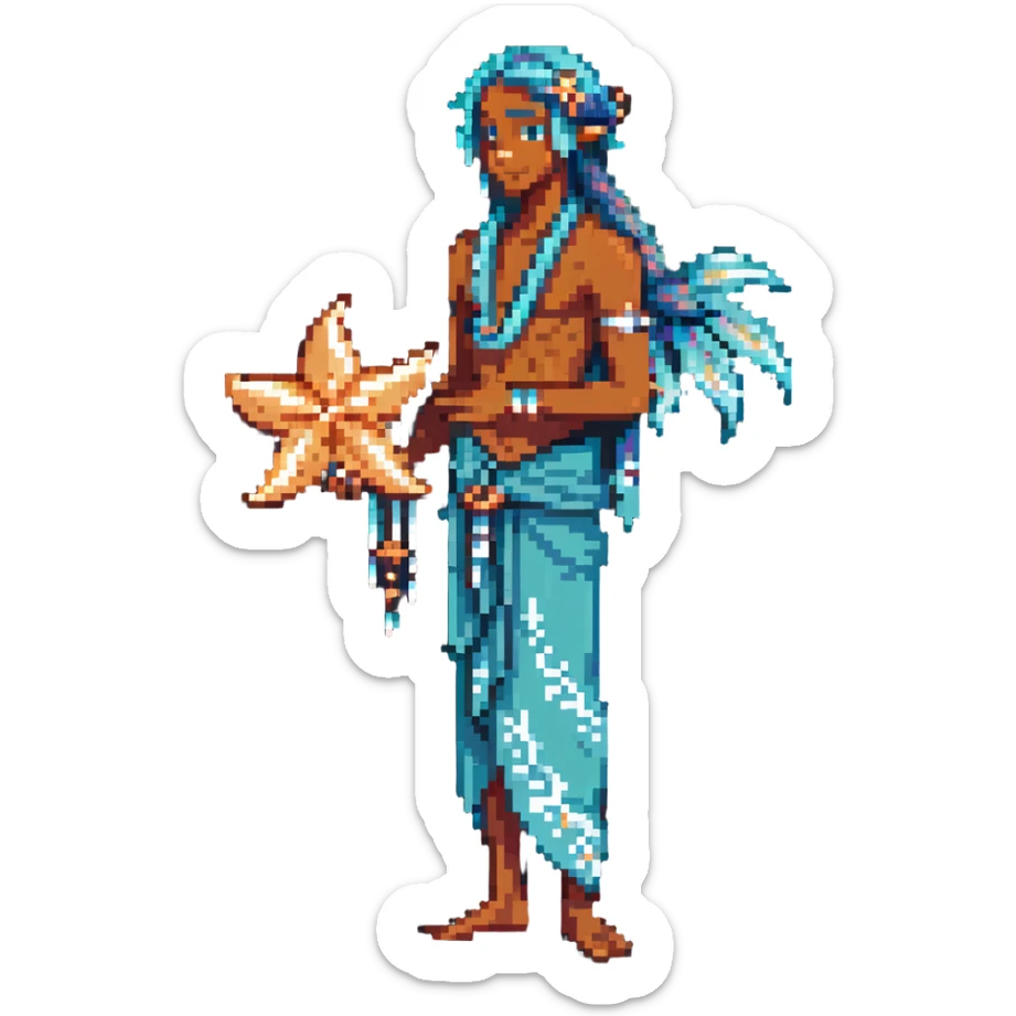 elf male Sarong with bioluminescent embroidery, armful of starfish, hair in a braid with pearl pins sticker