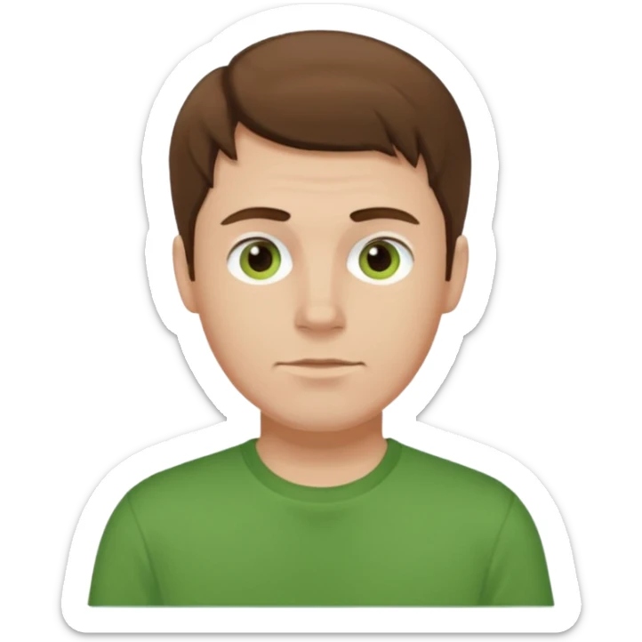 a self asured white male. brown hair. green t-shirt. blue background sticker