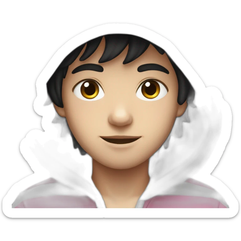 Pale boy, with fluffy black hair and wearing a white hoodie with pink stripes sticker