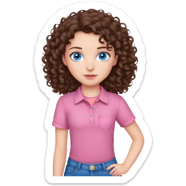 a girl with brunette curly hair blue eyes a pink shirt and jeans  sticker