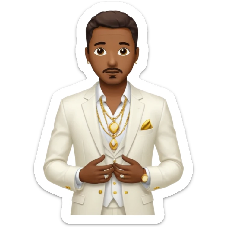 Ralph Tresvant with dark brown hair, white suit jacket, shirtless with necklace sticker