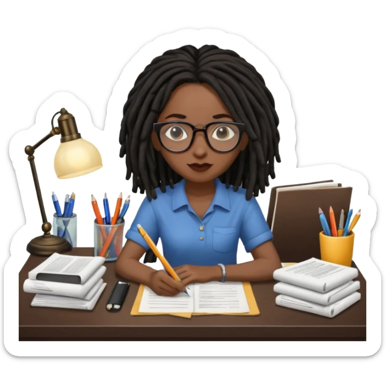 Black female with dark dreadlock hair and large round glasses with a desk full of papers sticker
