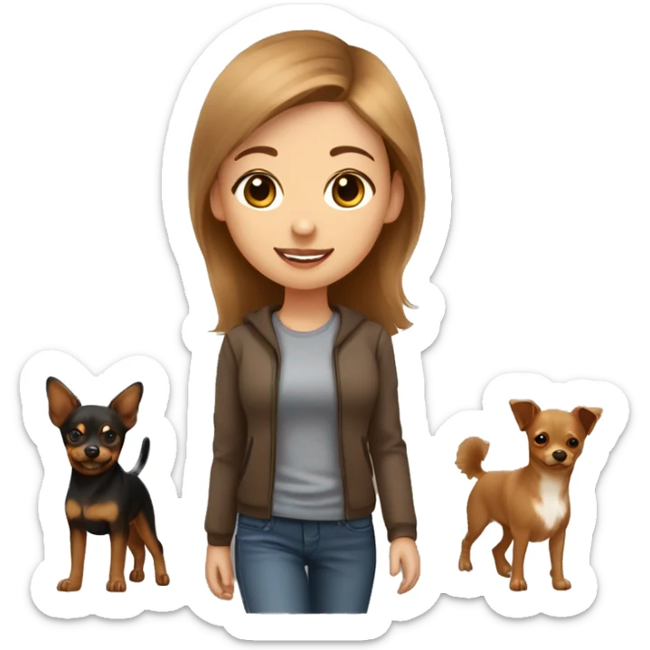 A light brown haired girl, walking a miniature Pinscher and a light brown Finnish lapphund sticker