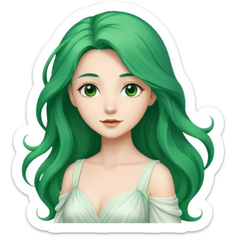 Woman with Long Emerald Hair – flowing green hair, elegant look, white dress sticker
