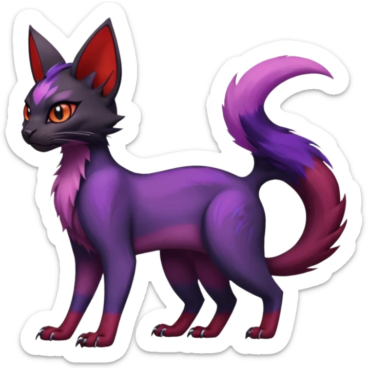 Black edgy Noivern-Noibat-Purloin-Torracat-Lykoi-Caracal-cat-Fakemon-fusion-hybrid-creature with violet and red scale markings sticker