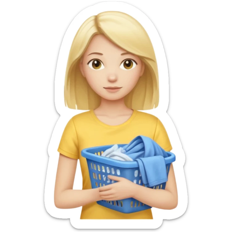 Blond lady shoulder length hair wearing yellow shirt holding blue laundry sticker