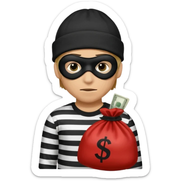 robber wears black eye mask, black beanies and black and white stibes shirt with one brown money bag beside him sticker