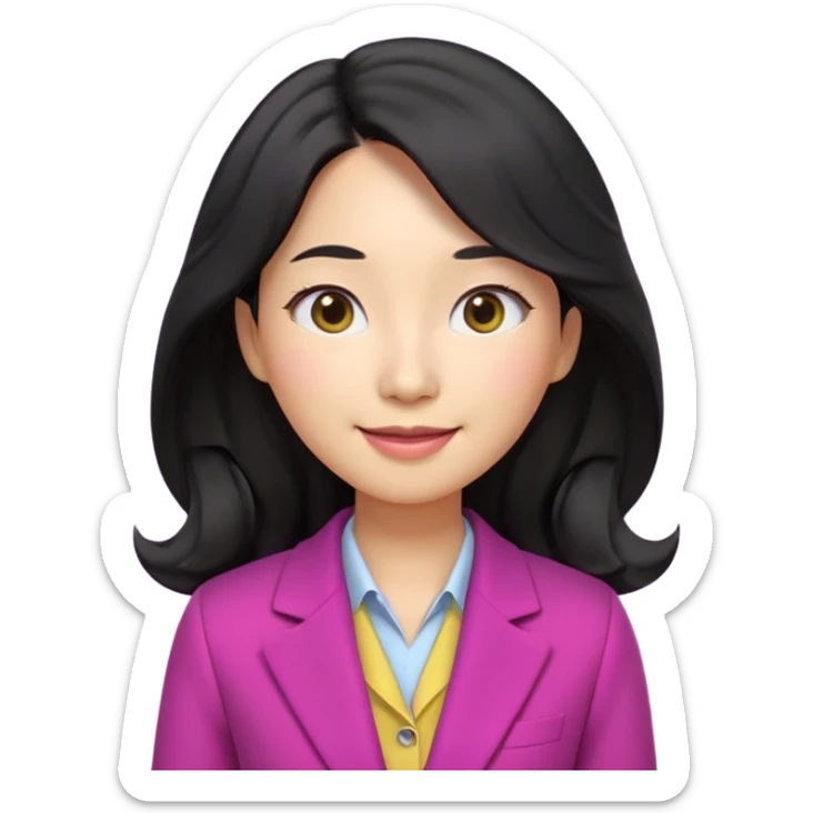 Ultra cute 3D emoji of a Korean woman, long wavy black hair, big brown eyes, small nose, warm smile, smooth pastel skin, wearing a magenta blazer over a dark top, on a solid lemon yellow background. Clean Pixar-style, soft lighting, simple shapes, no text, no background objects, high resolution. sticker