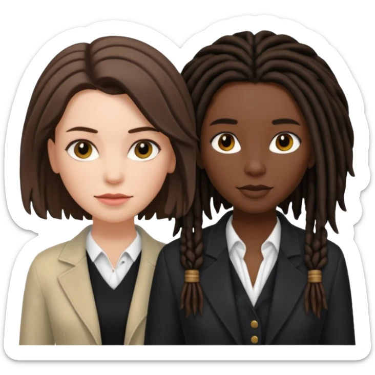 white woman brunette with short hair feminine clothes. And black woman with long dread locks with more masculine clothes sticker