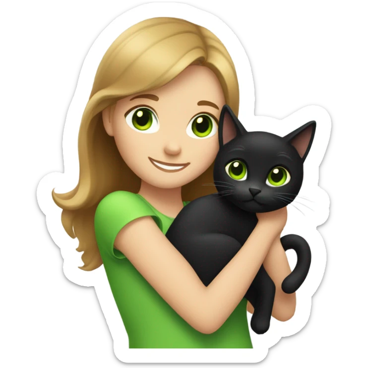 Girl with light brown hair hugging a black cat with green eyes sticker