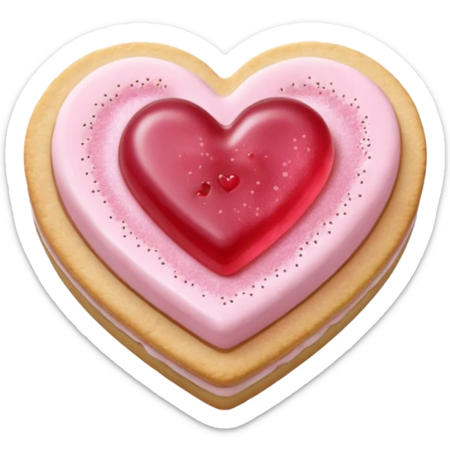 Realistic shortbread cookie in the shape of a heart with pale pink jelly middle filling and sprinkled powder sugar on top. sticker