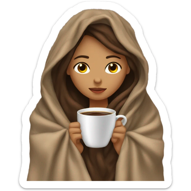 girl inside a blanket sipping coffee eyes closed brown hair with tanned skin and long lashes  sticker
