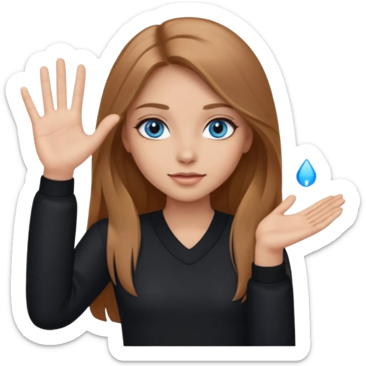 A girl with makeup, long light brown hair, blue eyes, with her palm up. with black clothes sticker