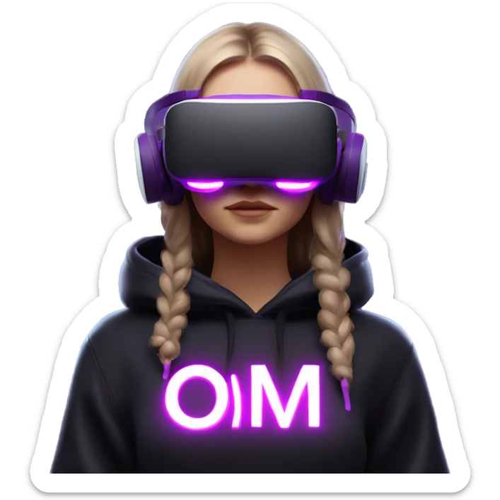 Russian girl wearing black hoody with violet letters "OMG", in vr headset oculus quest2. Standing like jedi. Cyberpunk style. Violet neon. sticker