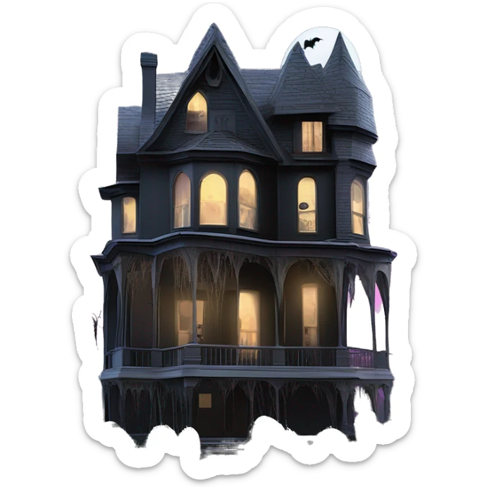 Barbie’s and Batman’s 6 story tall very haunted dream house with complete wrap-around porch and spider webs everywhere and some broken windows and boards  sticker