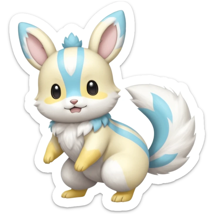 White grey cyan and yellow Pachirisu-Cinccino-Emolga-fusion (full body) with vertical white stripes running down the whole body sticker