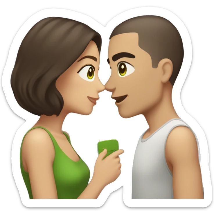 Buzz cut brown hair guy with green eyes kissing girl with dark brown hair and brown eyes sticker
